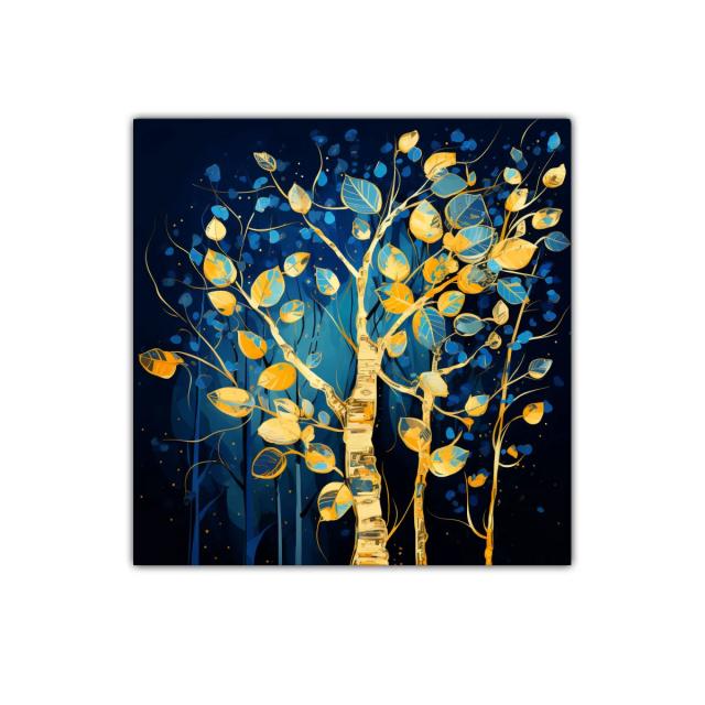 Árbol dorado con hojas azules y amarillas sobre fondo oscuro