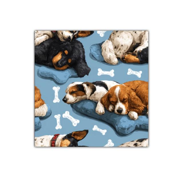 Cuadro decorativo con cachorros dormidos sobre cojines azules