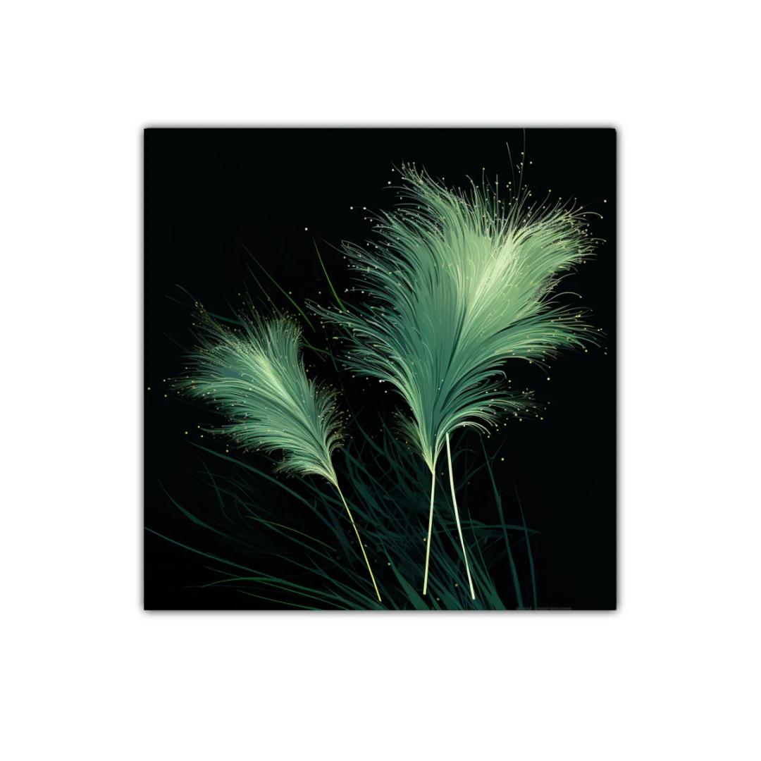 Cuadro decorativo con plumas verdes sobre fondo oscuro