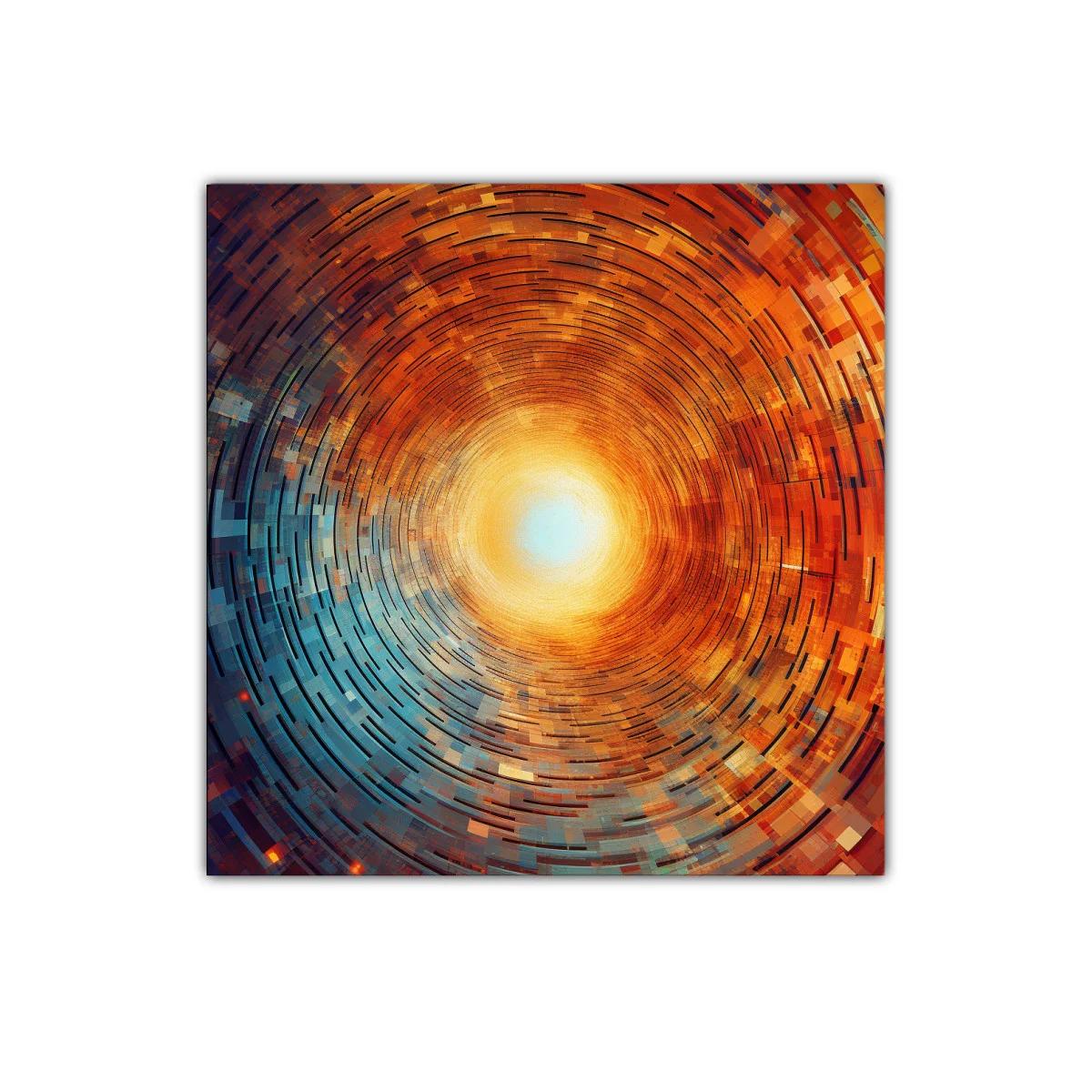 Cuadro abstracto con espiral radiante en tonos cálidos y fríos