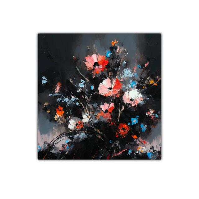Cuadro con flores vibrantes en contraste oscuro y colores vivos
