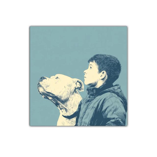 Retrato sereno de niño y perro en tonos azules suaves