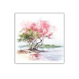 Paisaje sereno con árboles en tonos rosados junto al agua