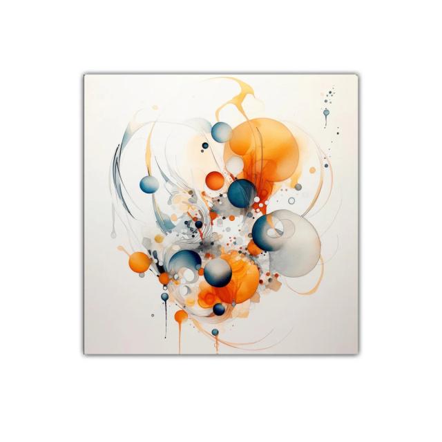 Cuadro abstracto con esferas en tonos cálidos y fríos